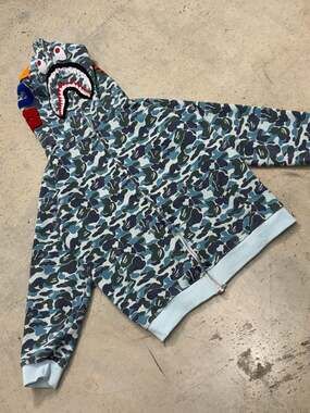 A Bathing Ape ABC Camo Full Zip Shark Hoodie Blue Men's Size L